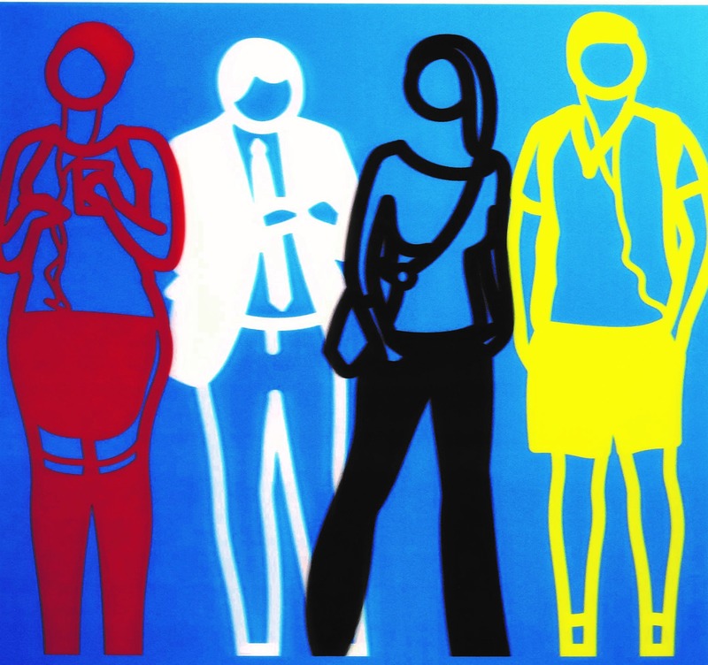 Standing people (red white black yellow)