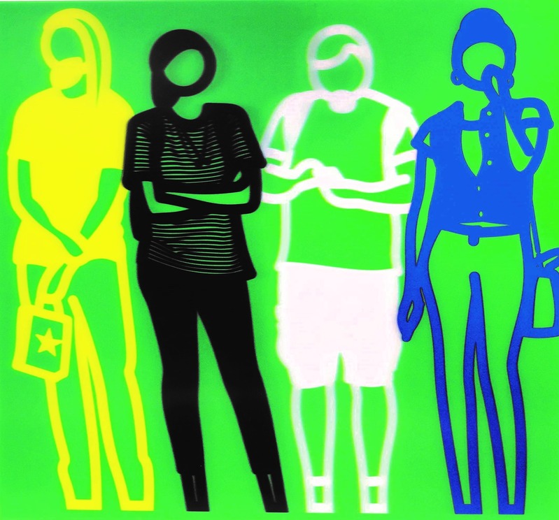 Standing people (yellow black white blue)